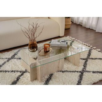 OEM Mesa De Centro De Cristal Templado - Efecto Travertino Beige Y Transparente - Azra