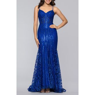 Blondie Nites Sequin Illusion Bodice Mermaid Gown in Royal at Nordstrom, Size 13