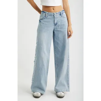 YMI Joey Super Wide Leg Jeans with Love Appliqu&eacute; in Light Blue at Nordstrom, Size 13