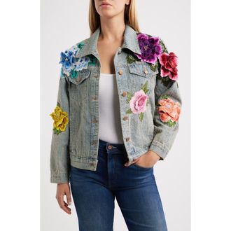 Nikki Lund Blossom Embroidered Floral Appliqu&eacute; Denim Trucker Jacket in Light Blue at Nordstrom, Size Xx-Large