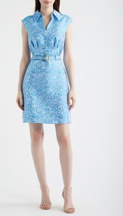 Adrianna Papell Belted Floral Jacquard Sleeveless Cocktail Dress in Blue Multi at Nordstrom, Size 14