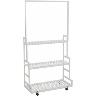 Hhg [NON UTILIZZATO] Scaffale per piante in bamb&ugrave; HHG-376, scala supporto per fiori, 3 ripiani, rotelle, 175x93x38 cm, bianco