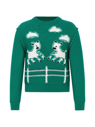 Moschino Cropped Knit Sweater with Playful Horse Motifs and Contrasting Details