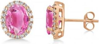 Allurez Oval Pink Tourmaline & Halo Diamond Stud Earrings 14k Rose Gold 5.00ct