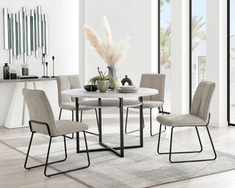 Furniturebox Adley Grey Concrete Effect Round Dining Table & 4 Halleyy Fabric Chairs in Taupe