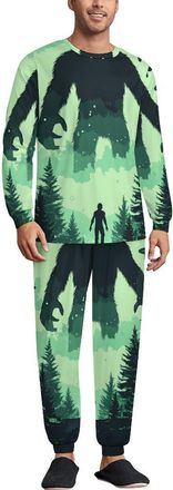 Generic Bigfoot And Aliens Soft Mens Pajamas Two Pieces Sets Long Sleeve Sleepwear with Pockets Top & Pants Loungewear M