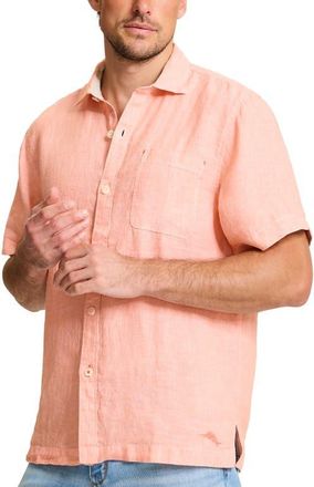 Tommy Bahama Paradise Breezer Short Sleeve Linen Button-Up Shirt in Peach Parrot at Nordstrom, Size Xxx-Large