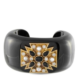 Verdura 18K Yellow Gold 2.20ct Diamond, Black Jade, Onyx, and Pearl Maltese Cross Cuff Bracelet VD12-071626