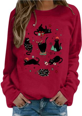 Generic Christmas Jumpers Christmas Cat Sweatshirts Black Cat Christmas Lights Shirt Crewneck Holiday Pullover Sweater Long Sleeve Pullover Blouse Crew Neck O