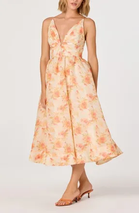 ASTR the Label Janna Floral Chiffon Midi Dress in Orange Floral at Nordstrom, Size Medium