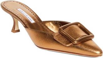 Manolo Blahnik Maysale Buckle Lizard Embossed Metallic Pointed Toe Kitten Heel Mule in Bronze at Nordstrom, Size 10.5Us