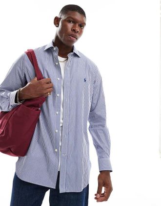 Polo Ralph Lauren Camicia in popeline a righe color blu reale e bianco con logo e colletto