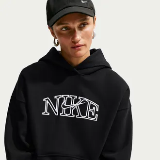 Nike Womens Studio Fleece Medium Weight Graphic Pack Oversized Pullover Logo Hoodie in Black | IM9830-001
