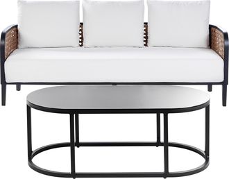 Beliani Conjunto De Jard&iacute;n Exterior Metal 3 Plazas Sof&aacute; De Aluminio Con Cojines Gruesos Blanco Crema Impermeable Respaldo Trenza Vienesa Rat&aacute;n Sint&eacute;tico Mesa 
