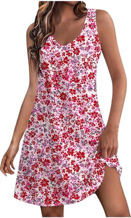 Generic Womens Summer Sleeveless Tank Dress Fashion V Neck Sundress Flower Print Boho Beach Party Vest Dresses with Pockets Casual Loose Mini Sexy Dress Going