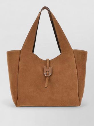 Hogan rectangular suede tote bag top handle buckle