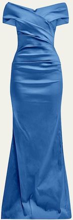 Teri Jon Pleated Off-Shoulder Satin Column Gown