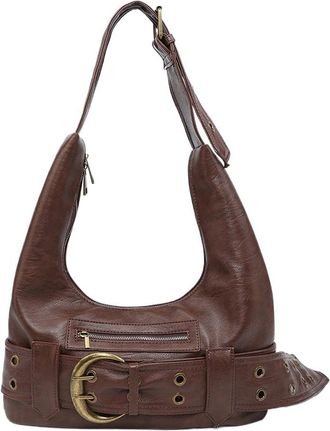 Generic PU Leather Belt Buckle Handbag Vintage Shoulder Bag Y2k Tote Bag (Dark Brown)