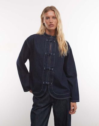 Reclaimed Vintage shacket in denim con colletto alla coreana indaco-Blu