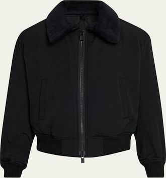 Yohji Yamamoto Mens Wool Gabardine Flight Jacket with Removable Faux Fur Collar