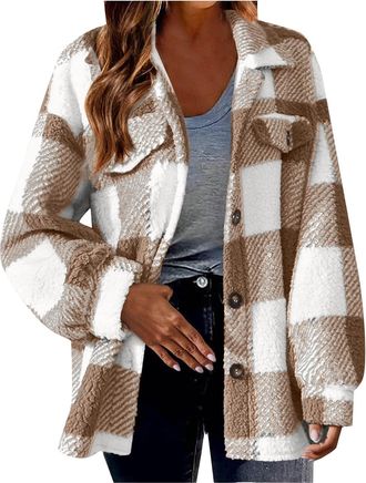 Generic Checked Shirts Womens Flannel Shirts UK Oversized Long Sleeve Plaid Button Up Jackets Womens Shacket