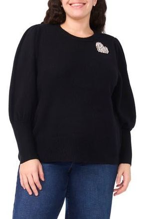 CeCe by Cynthia Steffe Faux Pearl Heart Applique Sweater in Rich Black at Nordstrom Rack, Size 2X