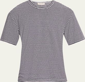 Officine G&eacute;n&eacute;rale Mens Cotton and Linen Sailor Stripe Crewneck T-Shirt