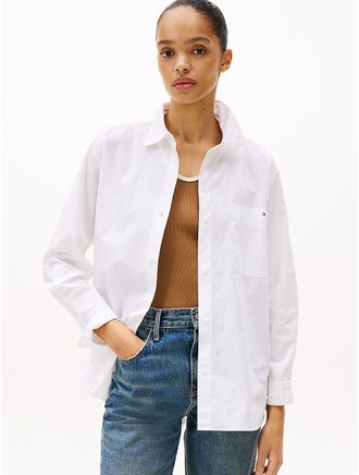 Tommy Hilfiger Womens Poplin Oversized Button-Up Shirt - White - 10