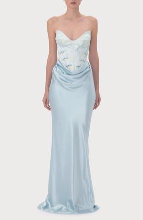 Sau Lee Sandrine Strapless Satin Gown in Pale Blue at Nordstrom, Size 14