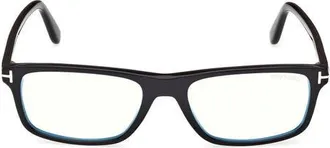 Tom Ford 53mm Rectangular Blue Light Blocking Glasses in Shiny Black/t Logo at Nordstrom
