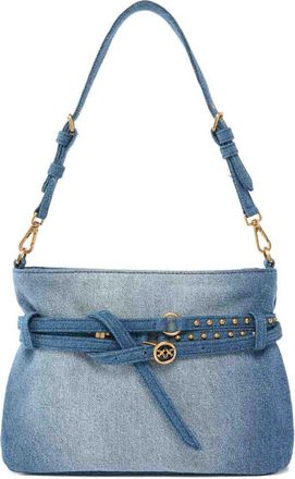 Pinko Small Belt Shoulder Bag In Denim Blue Suede