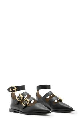 AllSaints Susan Pointed Tow Buckle Flat in Black/Warm Brass at Nordstrom, Size 10Us