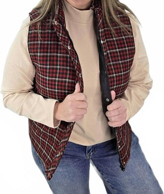 Staccato Check Plaid Zip Up Snap Puff Vest In Red, Black