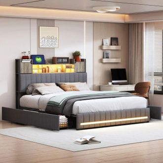 OEM Cama Doble - 240727hgy - 160x200 Cm - Led Integrada - 4 Cajones - Lino Gris