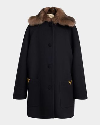 Valentino Garavani Sheep Shearling Collar Single-Breasted Wool Coat