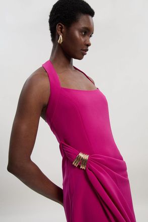 Karen Millen Womens Polished Tailored Halter Neck Gathered Midi Dress - Fuchsia - Size 12 UK