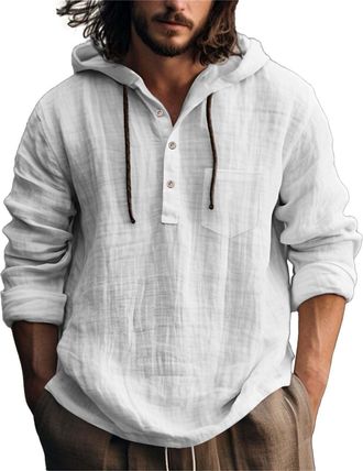 Generic Mens Classic Solid Color Hoodie Pullover Shirt Cotton Linen Shirt Long Sleeve Shirts Button Down Shirts Causal Drawstring Plain Top Casual Comfy Soft 