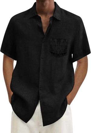 Generic Linen Shirts Men - Mens Short Sleeved Grandad Shirt Mens Plain Button Down T-Shirts Lightweight V-Neck Summer Vacation Tops for Men with Pocket Black,