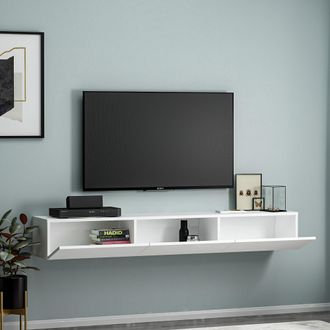 Dmora Mueble De Tv Lariano, 3 Puertas, 3 Compartimentos, Apertura Abatible, 180x31x26h Cm Blanco