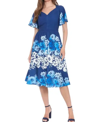 London Times Short Sleeve V Neck Dress In Cobalt