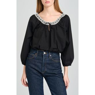 Wayf Mia Boho Lace Trim Gathered Stretch Cotton Top in Black at Nordstrom, Size X-Large