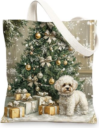 Generic Retro Christmas Cavachon Dog Canvas Tote Bag for Shopping 13x15, Winter Xmas Tree Puppy Reusable Grocery Print Pattern Bag for Women, Pet Beach Aesthe