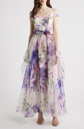 Eliza J Floral Off the Shoulder Ballgown in Purple Multi at Nordstrom, Size 10