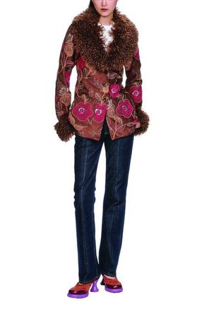 Anna Sui Poiret Rose Embroidered Faux Suede Faux Fur Trim Jacket in Caramel Multi at Nordstrom, Size 8