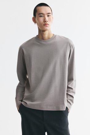 H&M Relaxed-fit Long-sleeved Interlock Cotton T-shirt in Light Taupe at Nordstrom, Size Xx-Large