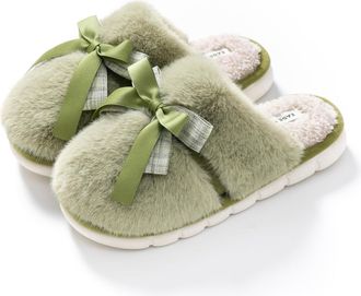 Generic Womens Winter Bow Slippers Fuzzy Fluffy Cozy Warm House Shoes with Plush Lining, Anti-Slip Silent Sole & Memory Foam Cushion for Indoor Bedroom,Green,