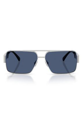 Versace 61mm Rectangular Sunglasses in Silver /Dark Blue at Nordstrom