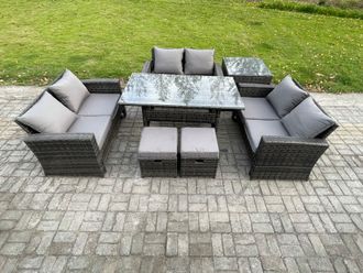 Fimous Wicker PE Rattan Garden Furniture Sets Outdoor Lounge Sofa Set with Oblong Dining Table Double Seat Sofa Side Table in Dark Grey