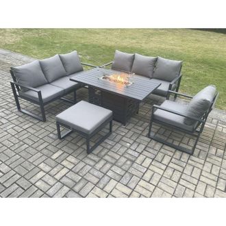 Fimous Fimous Aluminium Outdoor Lounge Sofa Garden Furniture Sets Gas Fire Pit Dining Table Set with Arm Chair Big Footstool Dark Grey