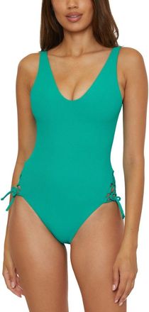 BECCA by Rebecca Virtue Modern Edge Rib Sophie One Piece Womens Peacock Lace Up Swimsuits RED130